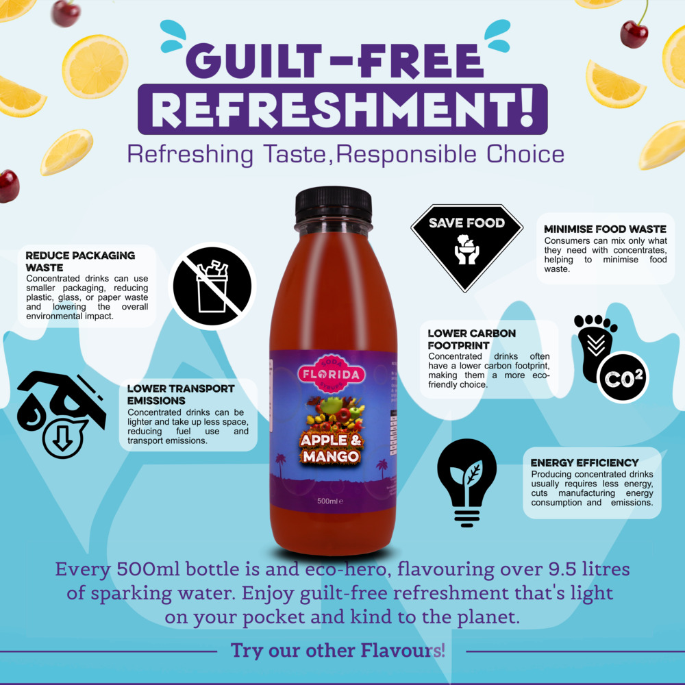 500ml bottle(s) of Sodastream syrup Apple & Mango flavour as a guilt-free, eco-friendly choice with fewer emissions and packaging waste.