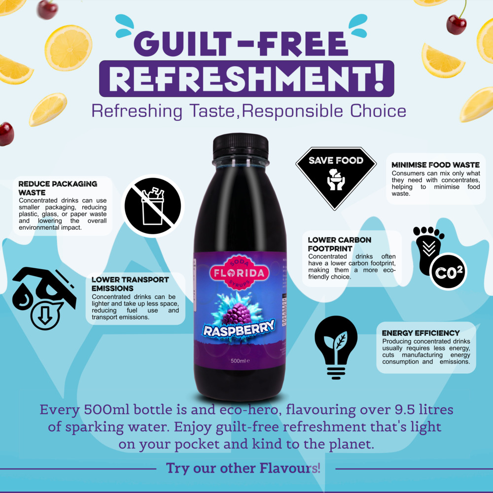 500ml bottle(s) of Sodastream syrup Blue Raspberry flavour as a guilt-free, eco-friendly choice with fewer emissions and packaging waste.