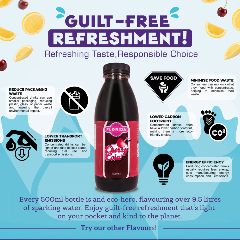 500ml bottle(s) of Sodastream syrup Cherry Cola flavour as a guilt-free, eco-friendly choice with fewer emissions and packaging waste.