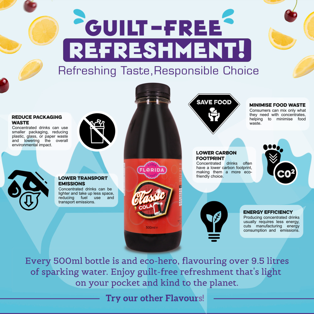 500ml bottle(s) of Sodastream syrup Classic Cola flavour as a guilt-free, eco-friendly choice with fewer emissions and packaging waste.