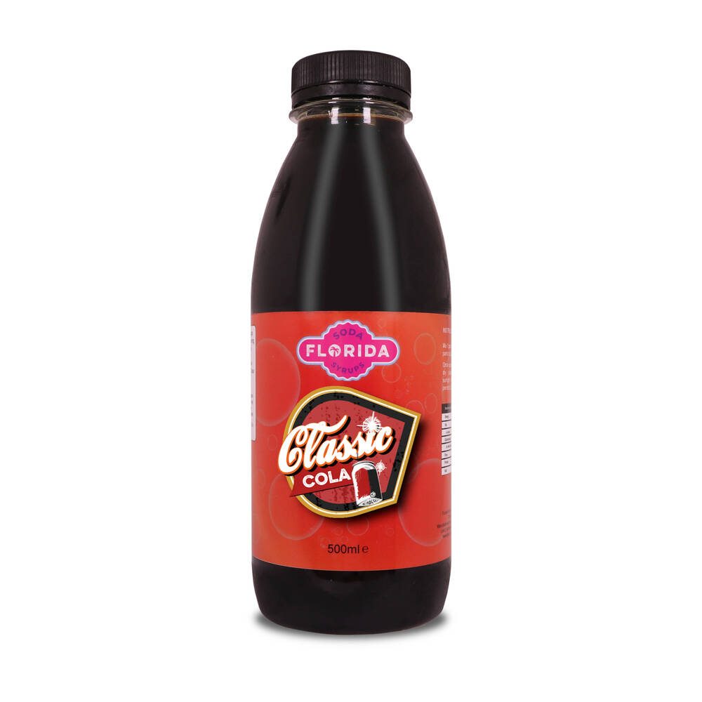 500ml bottle(s) of Classic Cola Sodastream syrup with vibrant orange label and retro themes.