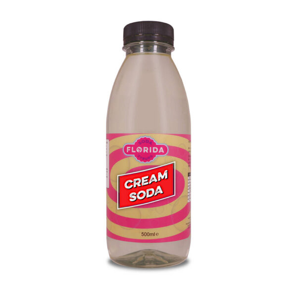 500ml bottle(s) of Cream Soda Sodastream syrup with vibrant cream and pink label and retro themes.