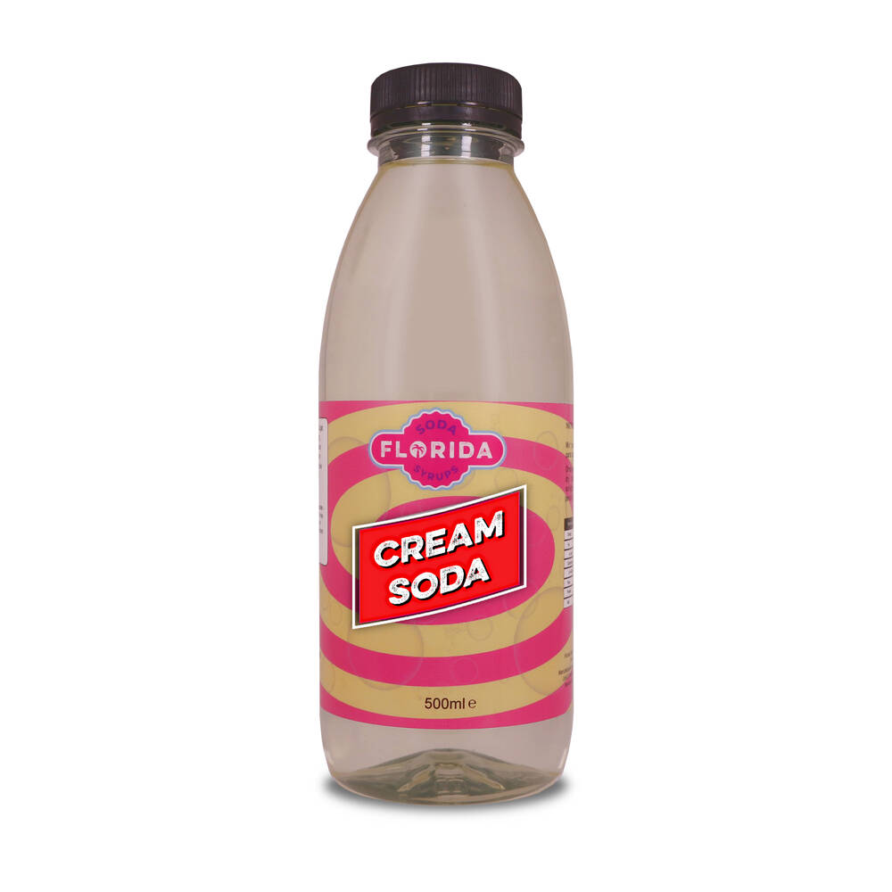 500ml bottle(s) of Cream Soda Sodastream syrup with vibrant cream and pink label and retro themes.