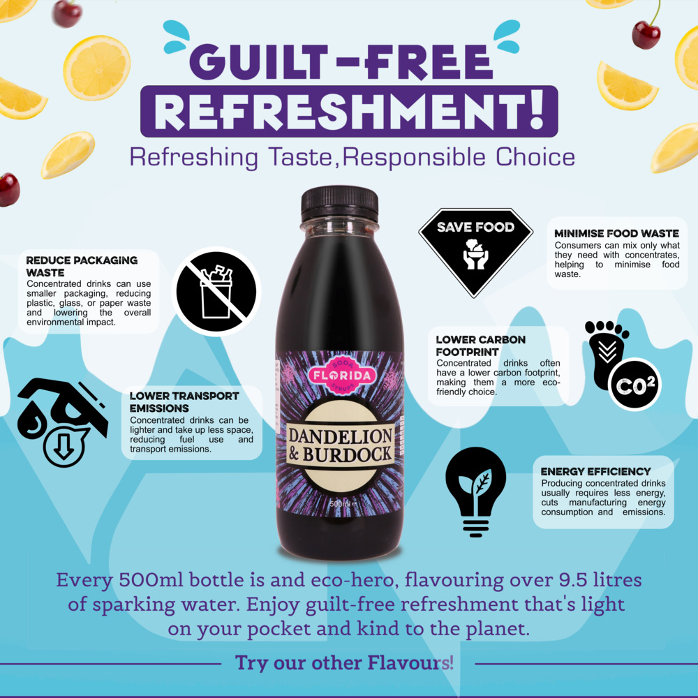 500ml bottle(s) of Sodastream syrup Dandelion & Burdock flavour as a guilt-free, eco-friendly choice with fewer emissions and packaging waste.