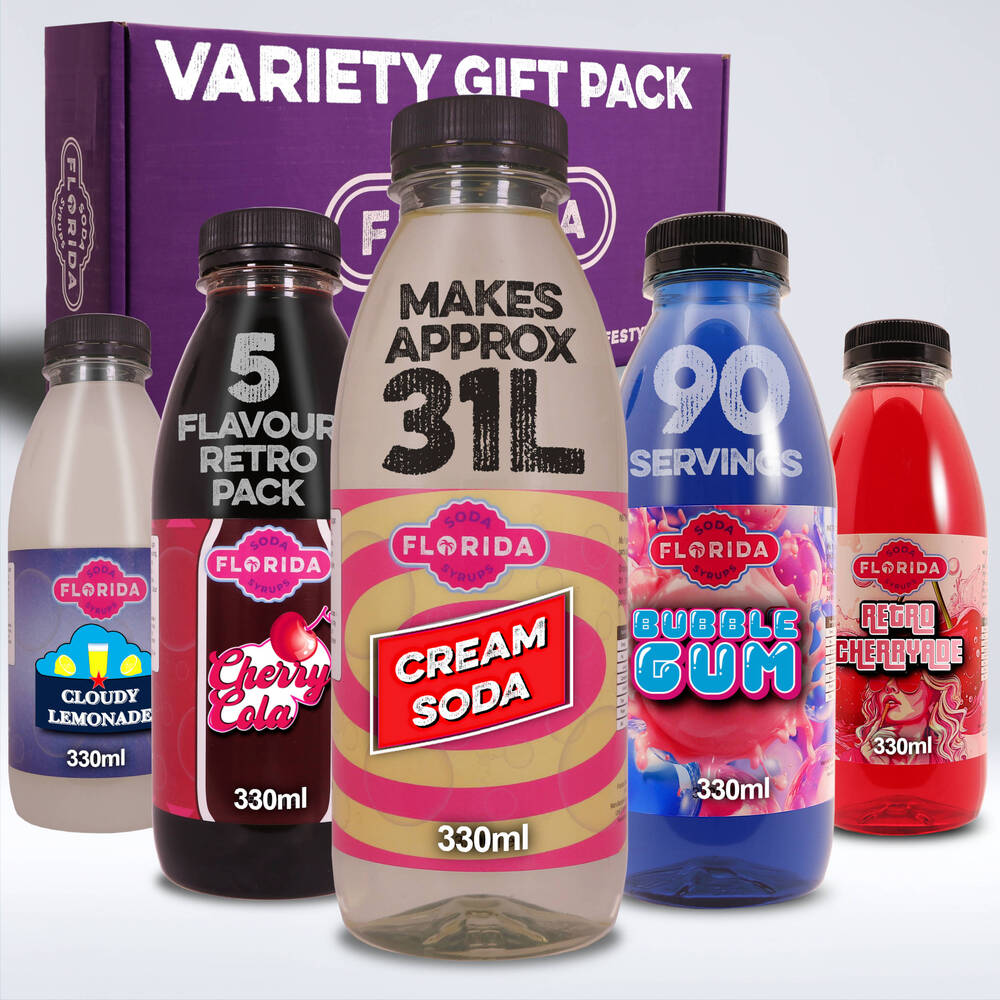 Five Bottles of 330ml Retro Cloudy Lemonade Cream Soda Cherryade Cherry Cola Bubblegum Soda Stream Syrups Variety gift pack on a white background