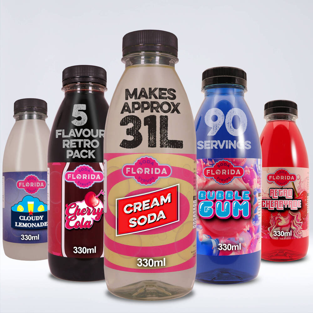 Five Bottles of 330ml Retro Cloudy Lemonade Cream Soda Cherryade Cherry Cola Bubblegum Soda Stream Syrups Variety gift pack on a white background