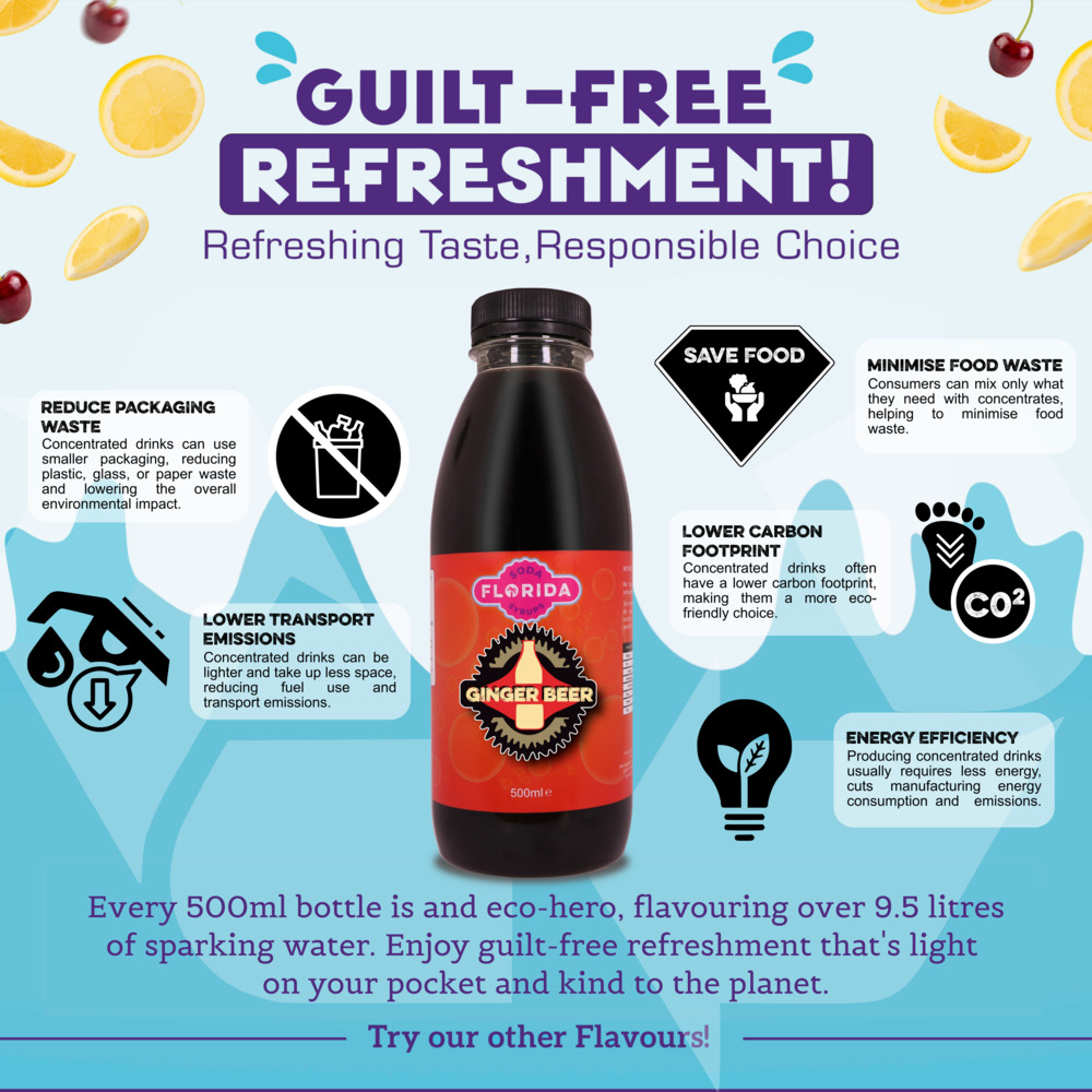 500ml bottle(s) of Sodastream syrup Ginger Beer flavour as a guilt-free, eco-friendly choice with fewer emissions and packaging waste.