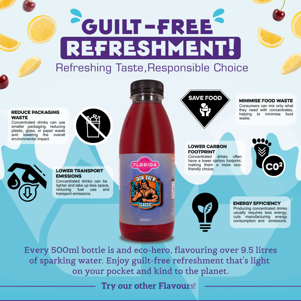 500ml bottle(s) of Sodastream syrup Iron Brew flavour as a guilt-free, eco-friendly choice with fewer emissions and packaging waste.