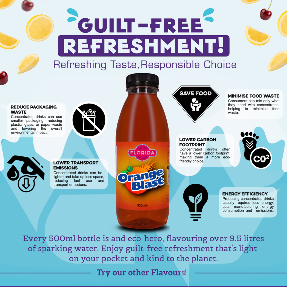 500ml bottle(s) of Sodastream syrup Orange Blast flavour as a guilt-free, eco-friendly choice with fewer emissions and packaging waste.