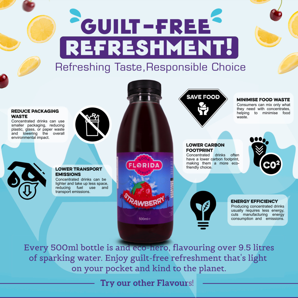 500ml bottle(s) of Sodastream syrup strawberry flavour as a guilt-free, eco-friendly choice with fewer emissions and packaging waste.