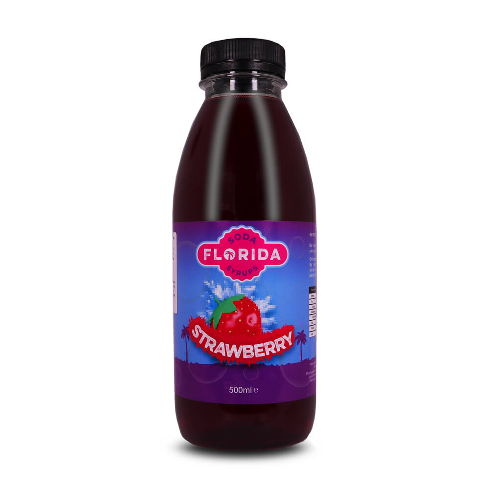 500ml bottle(s) of strawberry Sodastream syrup with vibrant red label and fruit themes.