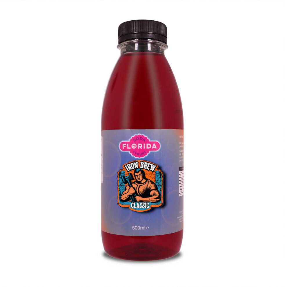 500ml bottle(s) of Iron Brew Sodastream syrup with vibrant orange label and retro themes.