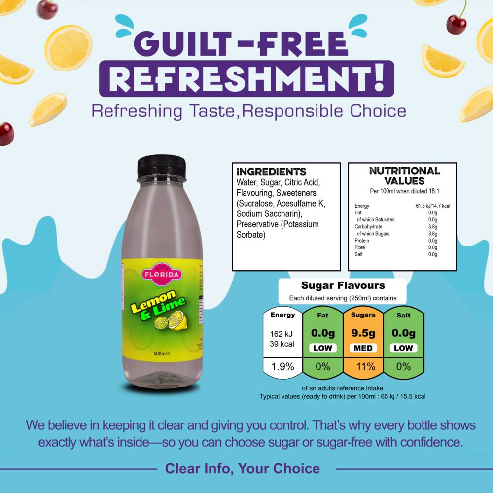 500ml bottle(s) of Lemon & Lime Sodastream syrup bottle with ingredients, nutritional values, and sugar content – helping consumers make informed, guilt-free choices.