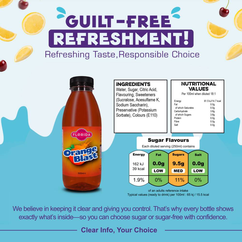 500ml bottle(s) of Orange Blast Sodastream syrup bottle with ingredients, nutritional values, and sugar content – helping consumers make informed, guilt-free choices.
