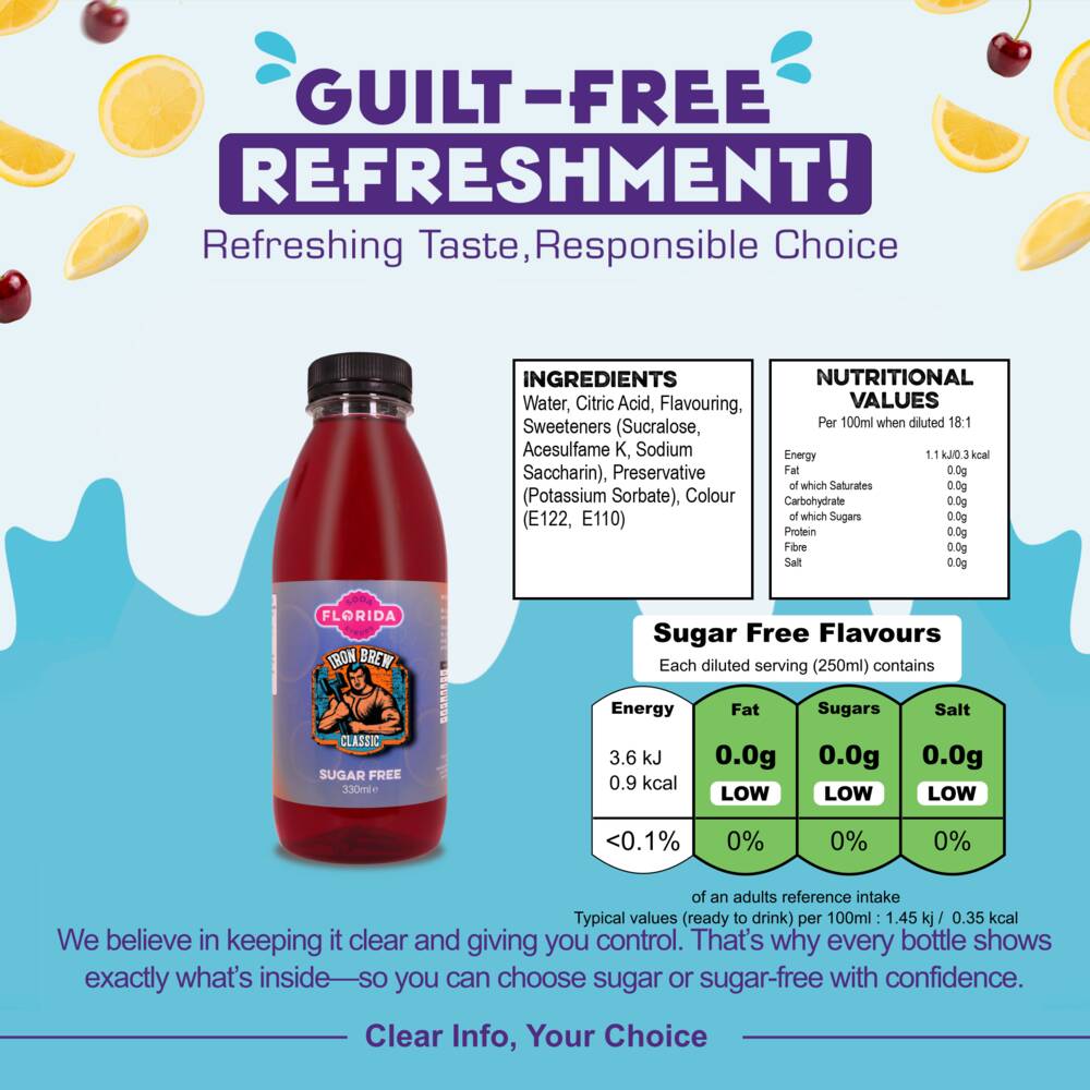 330ml bottle(s) of Iron Brew Sugar Free Sodastream syrup bottle with ingredients, nutritional values, and sugar content – helping consumers make informed, guilt-free choices.