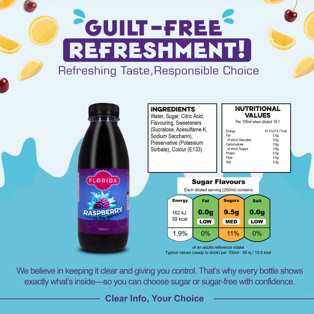 500ml bottle(s) of Blue Raspberry Sodastream syrup bottle with ingredients, nutritional values, and sugar content – helping consumers make informed, guilt-free choices.