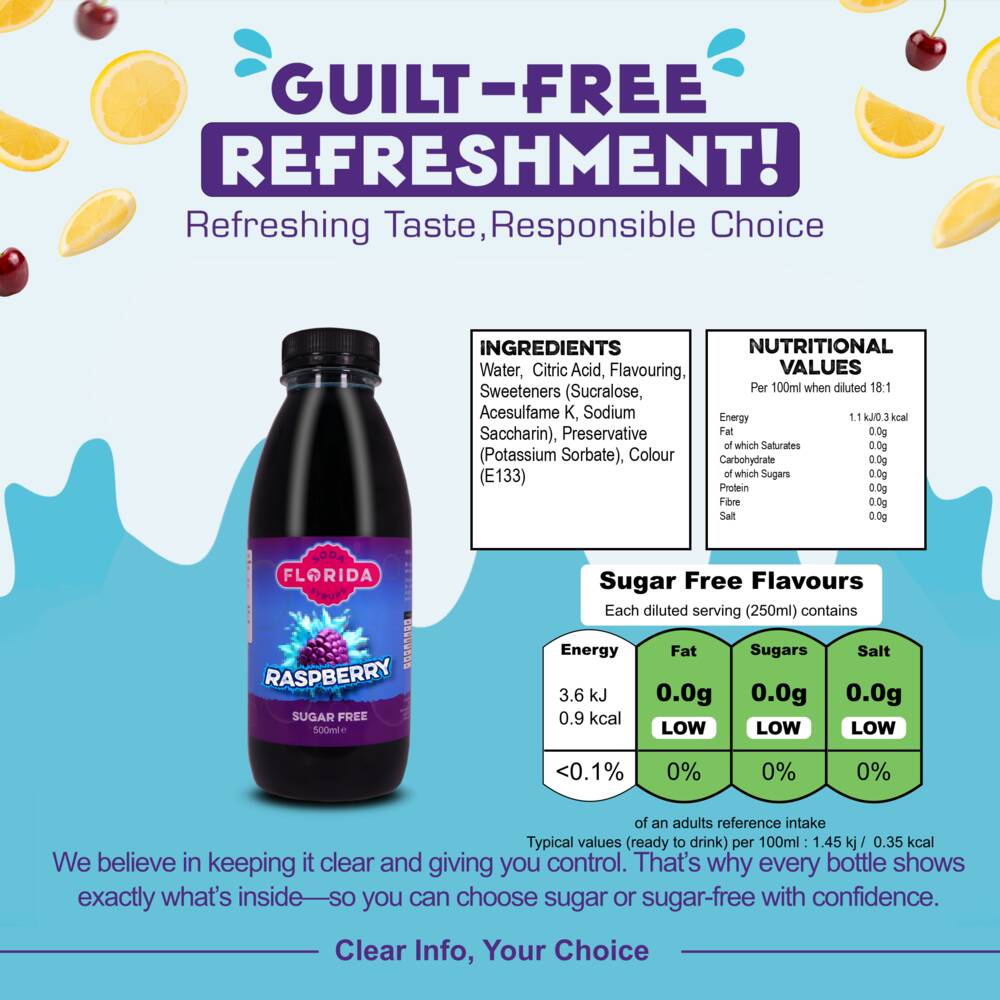 500ml bottle(s) of Blue Raspberry Sugar Free Sodastream syrup bottle with ingredients, nutritional values, and sugar content – helping consumers make informed, guilt-free choices.