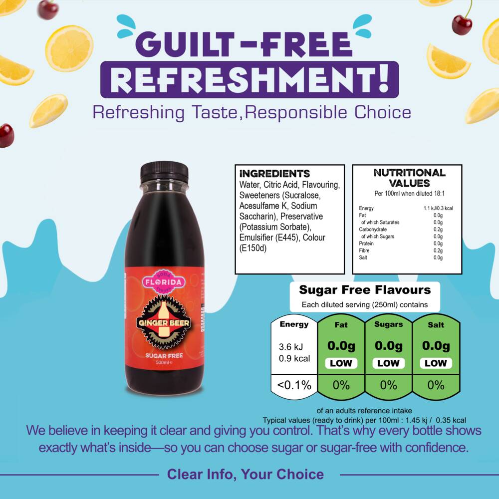 500ml bottle(s) of Ginger Beer Sugar Free Sodastream syrup bottle with ingredients, nutritional values, and sugar content – helping consumers make informed, guilt-free choices.