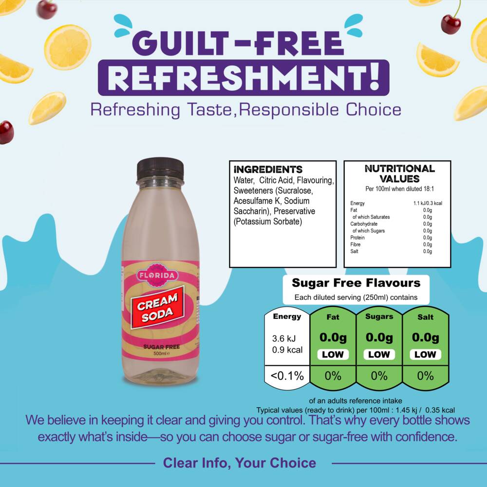500ml bottle(s) of Cream Soda Sugar Free Sodastream syrup bottle with ingredients, nutritional values, and sugar content – helping consumers make informed, guilt-free choices.