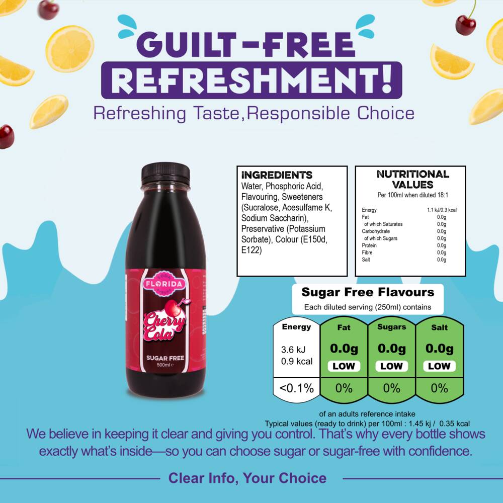 500ml bottle(s) of Cherry Cola Sugar Free Sodastream syrup bottle with ingredients, nutritional values, and sugar content – helping consumers make informed, guilt-free choices.