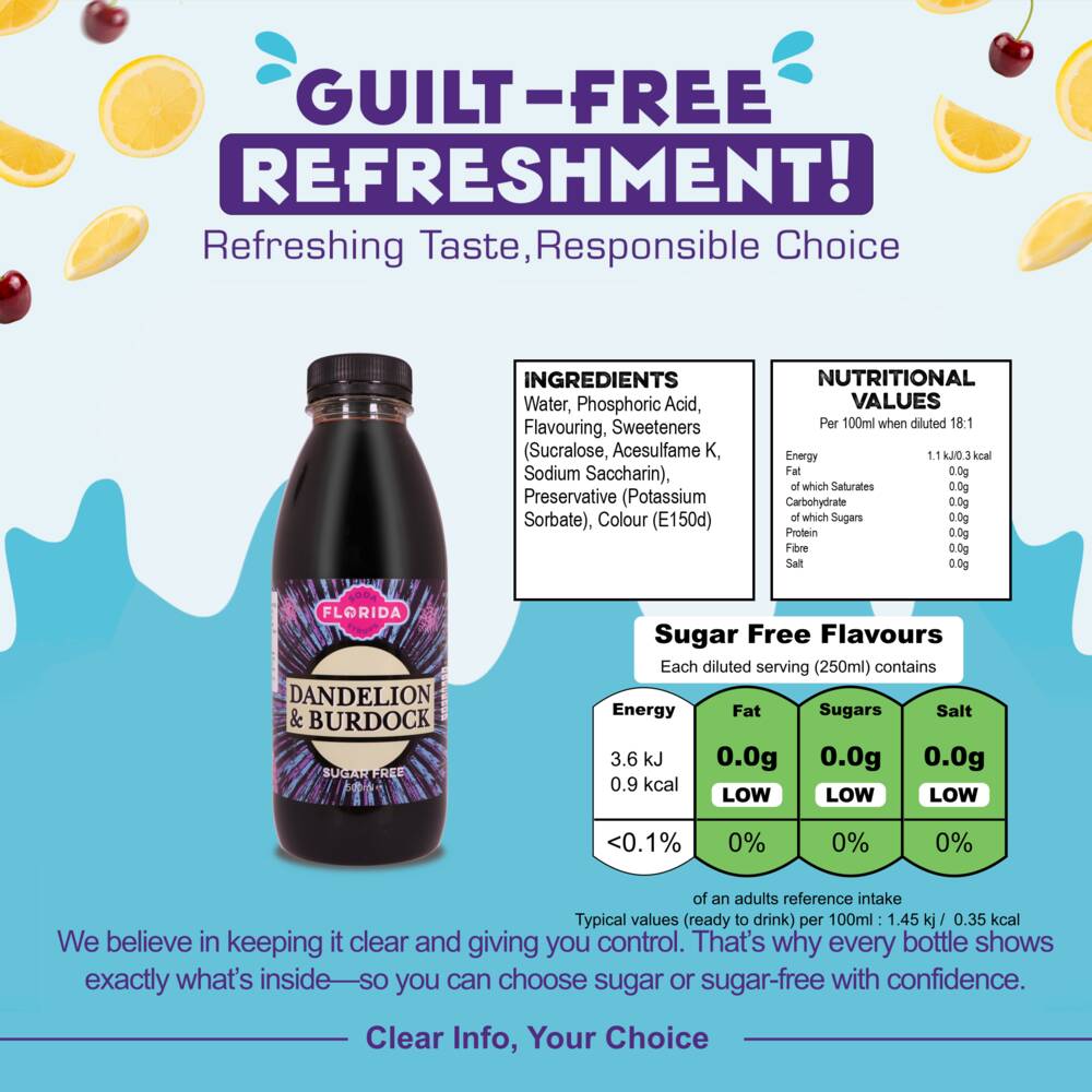 500ml bottle(s) of Dandelion & Burdock Sugar free Sodastream syrup bottle with ingredients, nutritional values, and sugar content – helping consumers make informed, guilt-free choices.