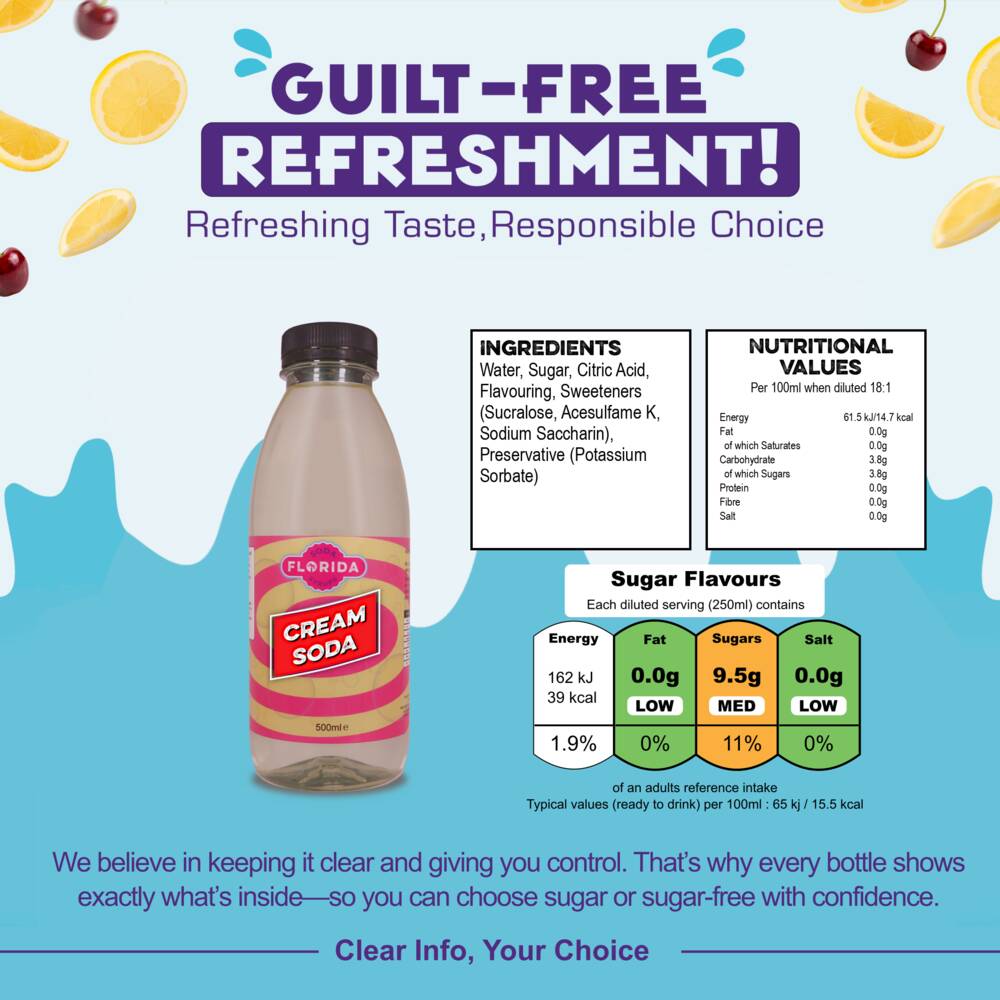 500ml bottle(s) of Cream Soda Sodastream syrup bottle with ingredients, nutritional values, and sugar content – helping consumers make informed, guilt-free choices.