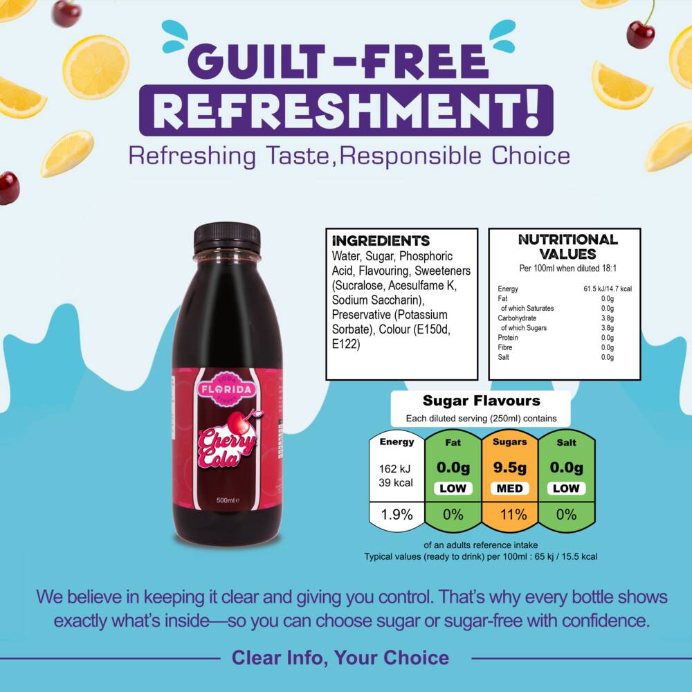 500ml bottle(s) of Cherry Cola Sodastream syrup bottle with ingredients, nutritional values, and sugar content – helping consumers make informed, guilt-free choices.