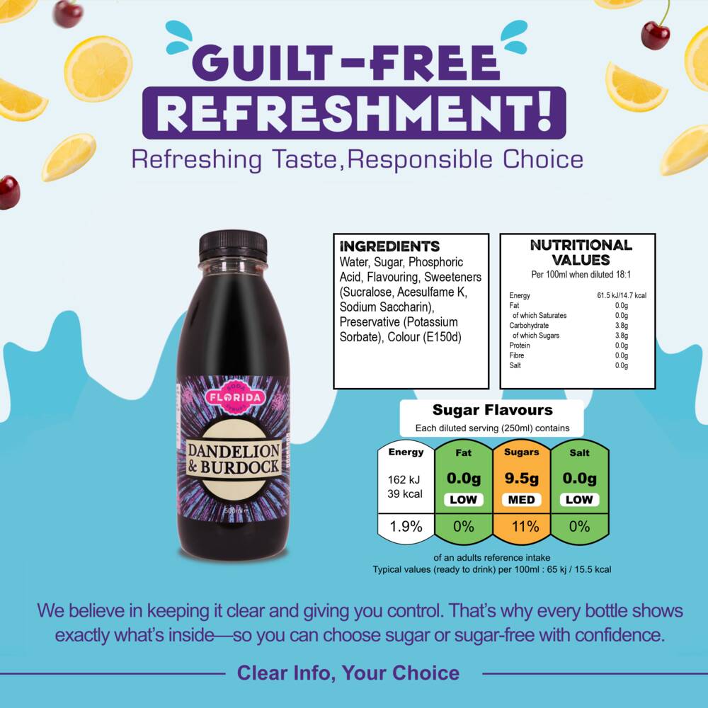 500ml bottle(s) of Dandelion & Burdock Sodastream syrup bottle with ingredients, nutritional values, and sugar content – helping consumers make informed, guilt-free choices.