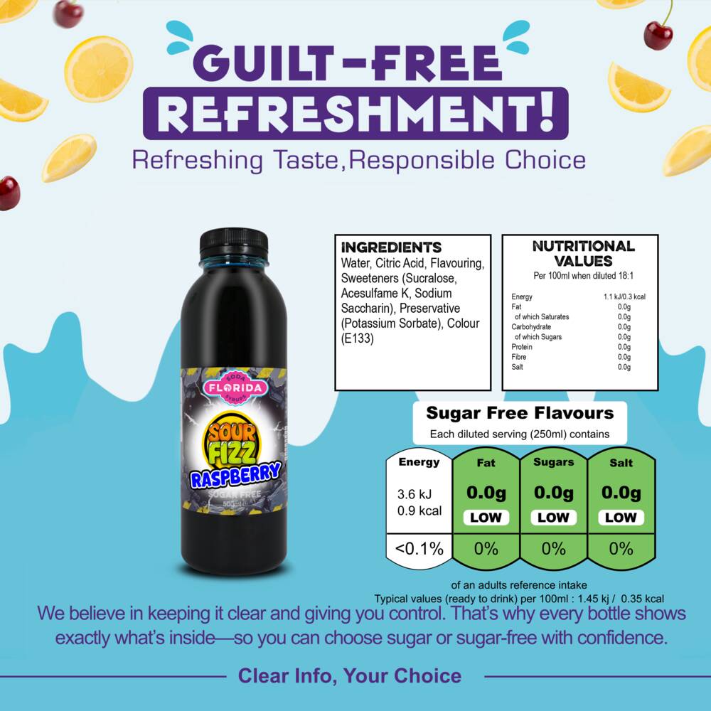 500ml bottle(s) of Sour Raspberry Sugar Free Sodastream syrup bottle with ingredients, nutritional values, and sugar content – helping consumers make informed, guilt-free choices.