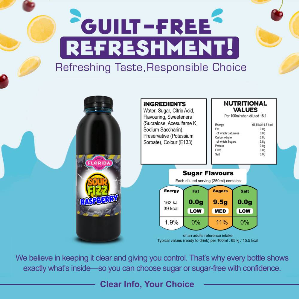 500ml bottle(s) of Sour Raspberry Sodastream syrup bottle with ingredients, nutritional values, and sugar content – helping consumers make informed, guilt-free choices.