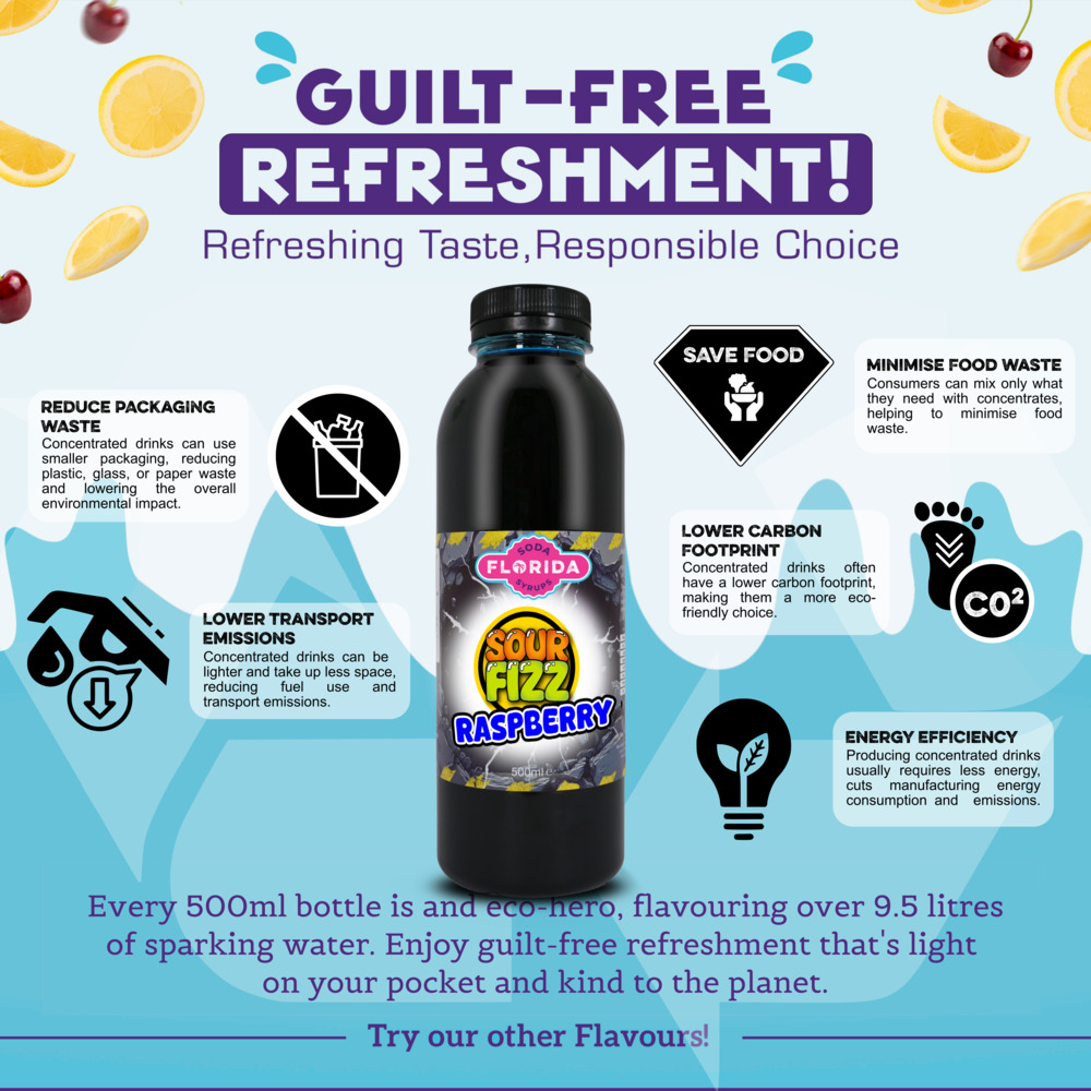 500ml bottle(s) of Sodastream syrup Sour Raspberry flavour as a guilt-free, eco-friendly choice with fewer emissions and packaging waste.