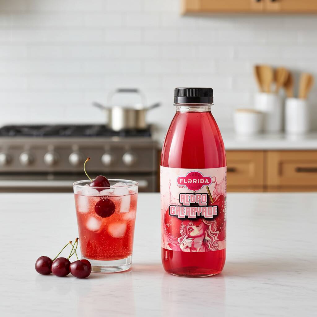 Cherryade soda syrup bottle with a glass of iced cherryade drink, compatible with SodaStream machines
