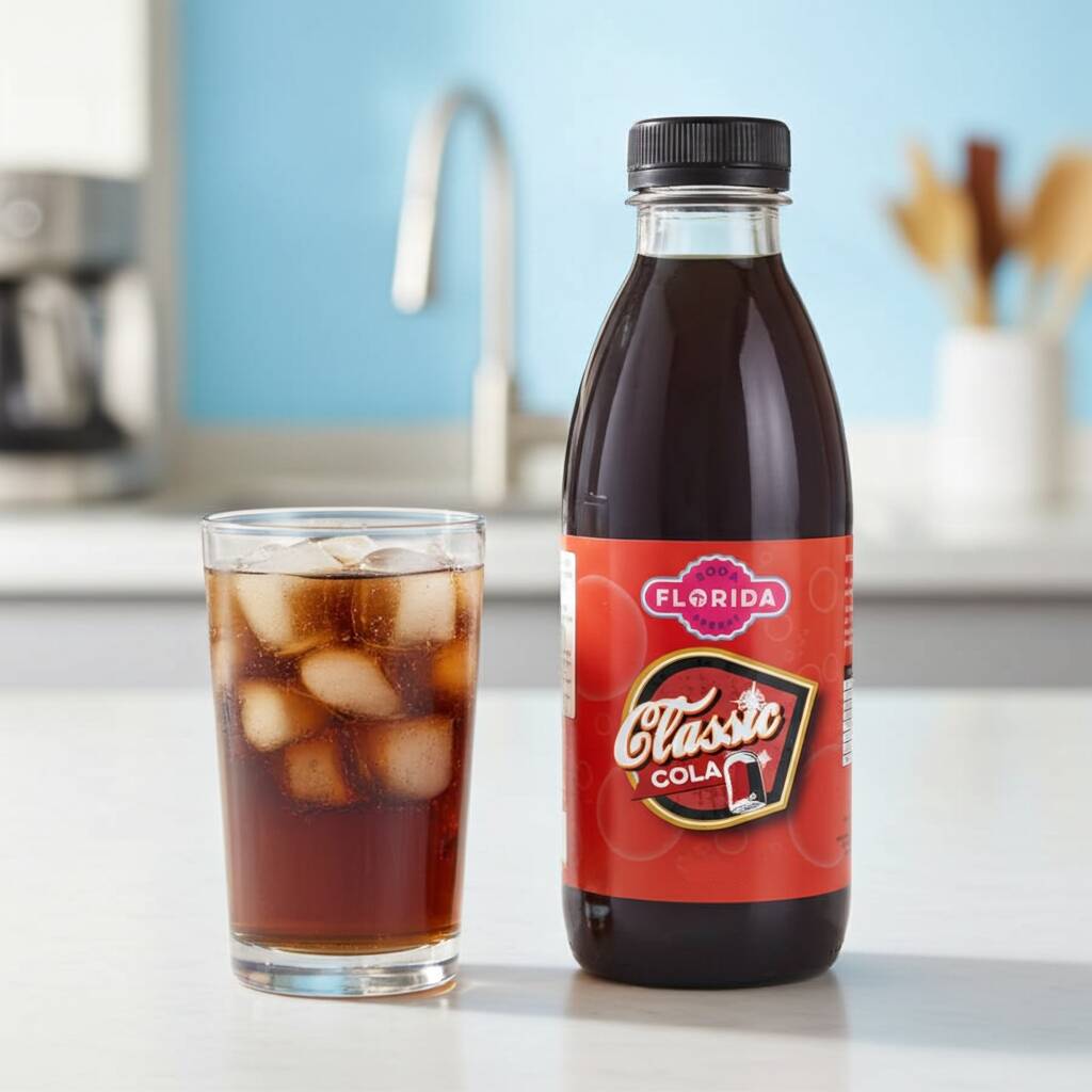 Classic Cola soda syrup bottle with a glass of iced classic cola drink, compatible with SodaStream machines