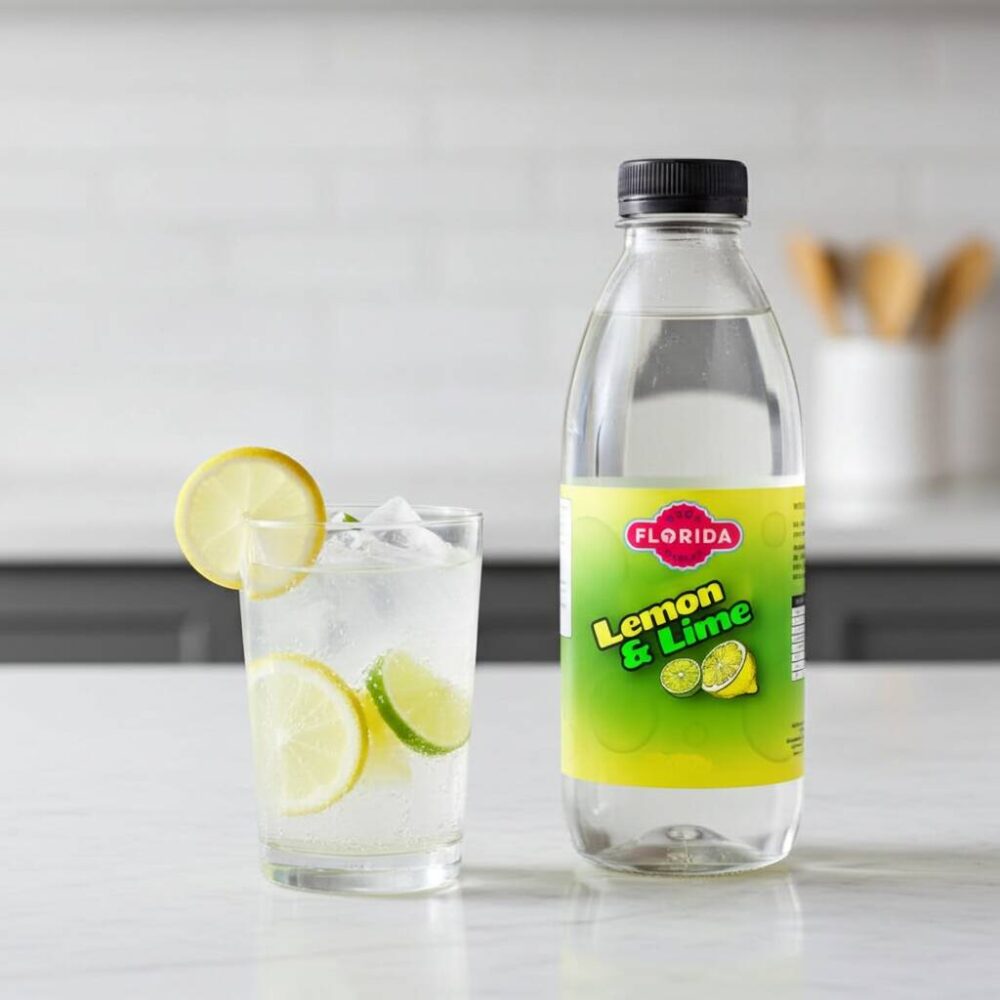 Lemon and Lime soda syrup bottle with a glass of iced lemon and lime drink, compatible with SodaStream machines