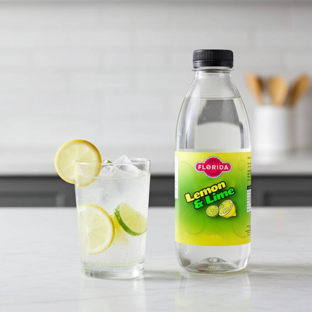 Lemon and Lime soda syrup bottle with a glass of iced lemon and lime drink, compatible with SodaStream machines