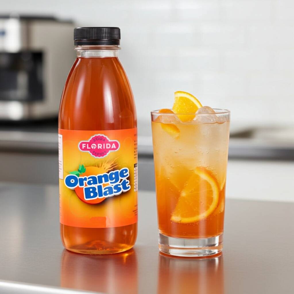 Orange Blast soda syrup bottle with a glass of iced orange blast drink, compatible with SodaStream machines