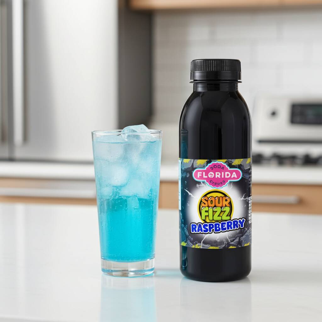 Sour Fizz Raspberry soda syrup bottle with a glass of iced sour fizz raspberry drink, compatible with SodaStream machines