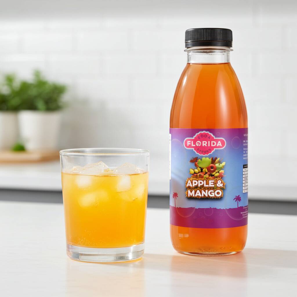 Apple and Mango soda syrup bottle with a glass of iced apple and mango drink, compatible with SodaStream machines