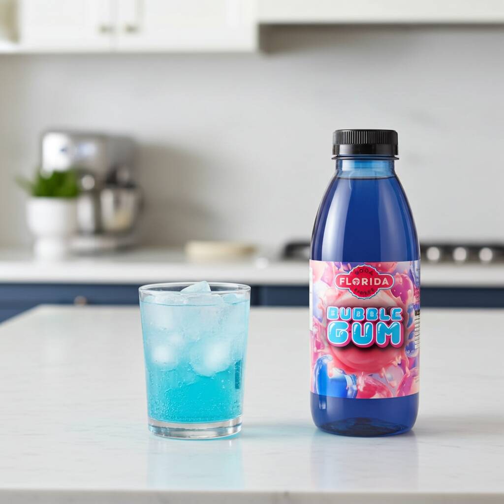 Bubblegum soda syrup bottle with a glass of iced bubblegum drink, compatible with SodaStream machines