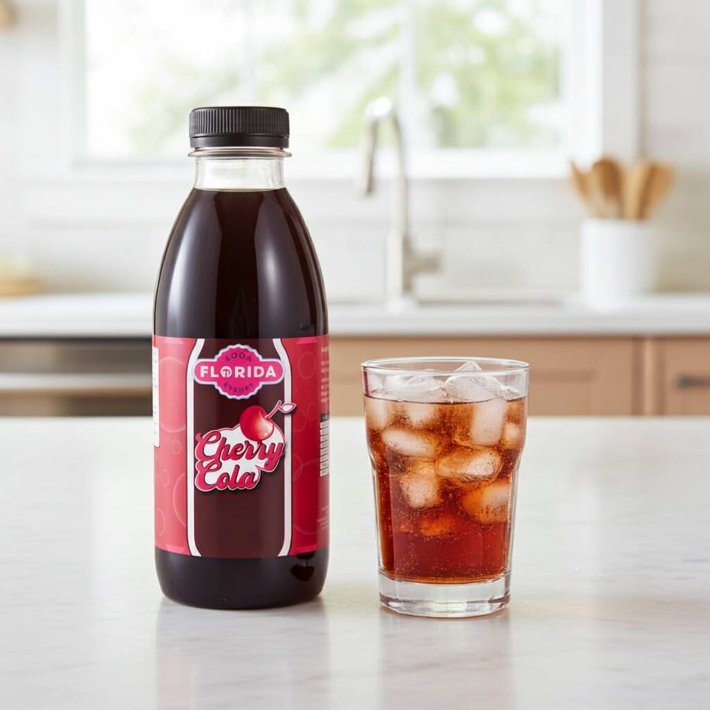 Cherry Cola soda syrup bottle with a glass of iced cherry cola drink, compatible with SodaStream machines