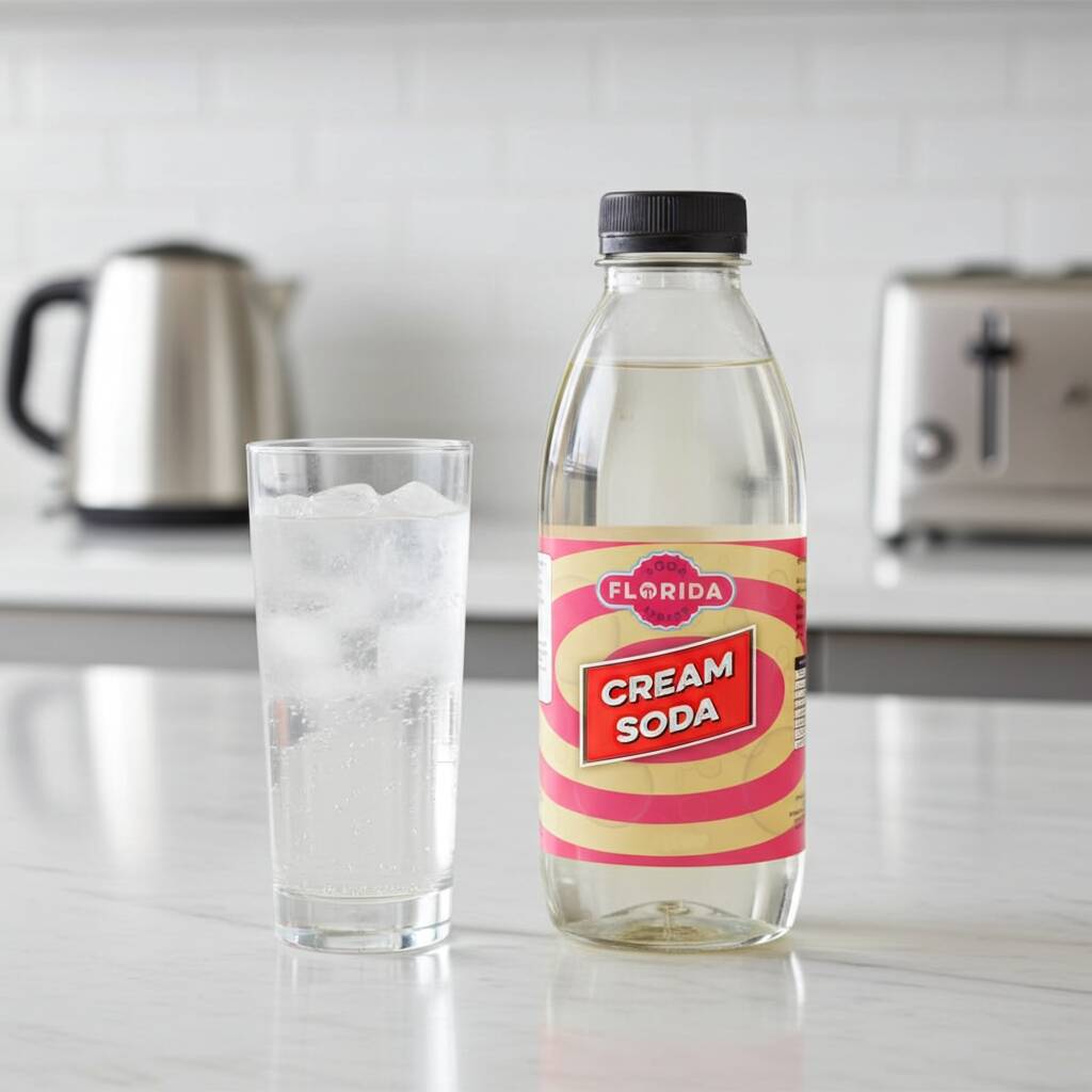 Cream Soda soda syrup bottle with a glass of iced cream soda drink, compatible with SodaStream machines