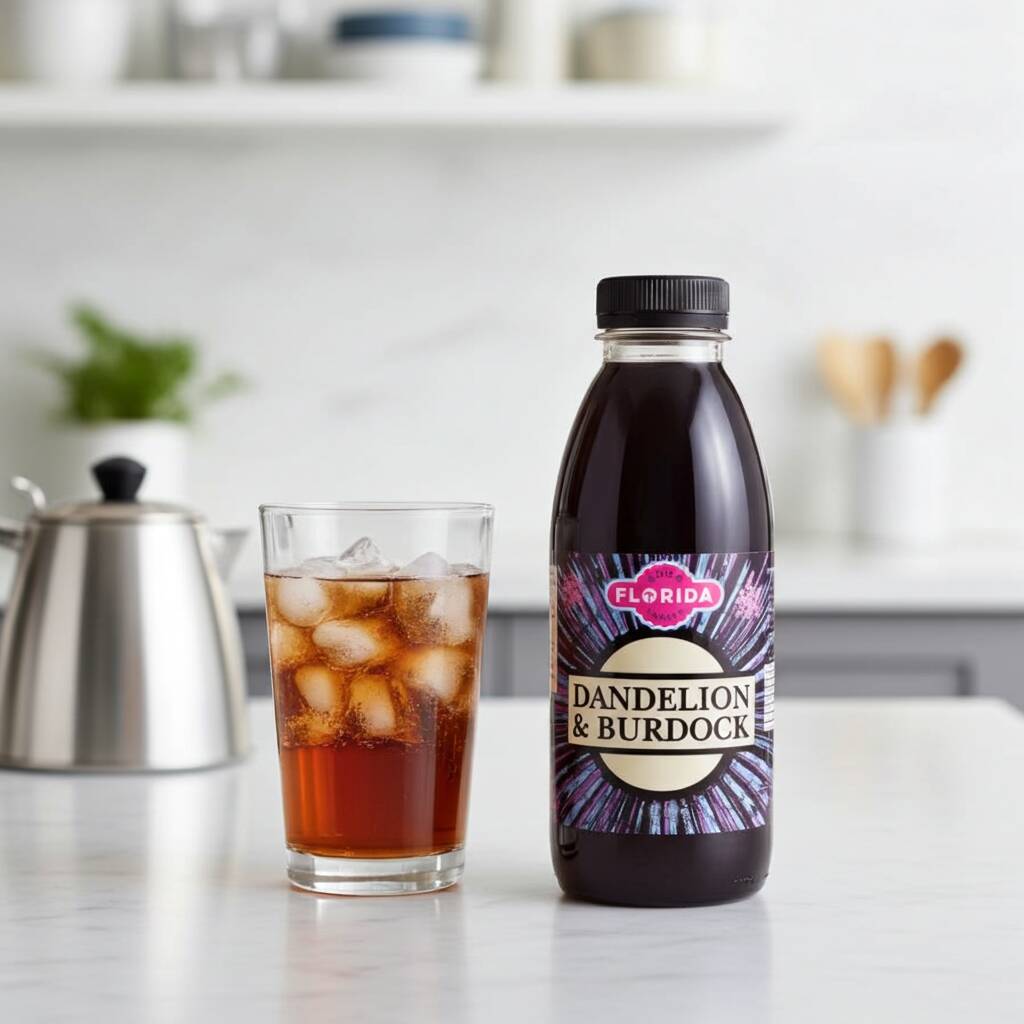 Dandelion and Burdock soda syrup bottle with a glass of iced dandelion and burdock drink, compatible with SodaStream machines