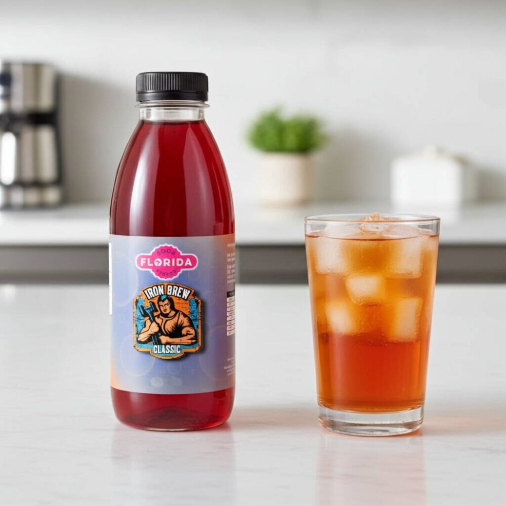 Iron Brew soda syrup bottle with a glass of iced iron brew drink, compatible with SodaStream machines