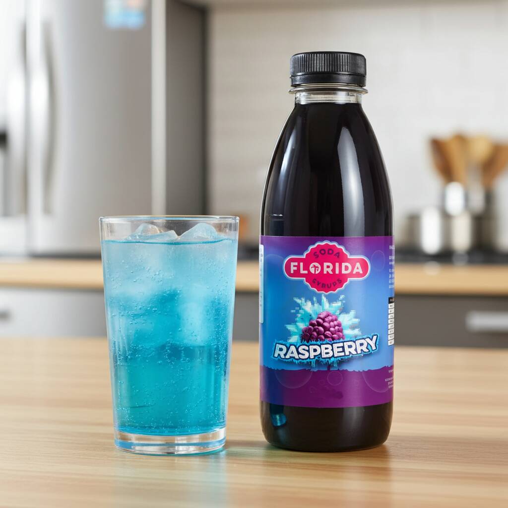 Raspberry soda syrup bottle with a glass of iced raspberry drink, compatible with SodaStream machines
