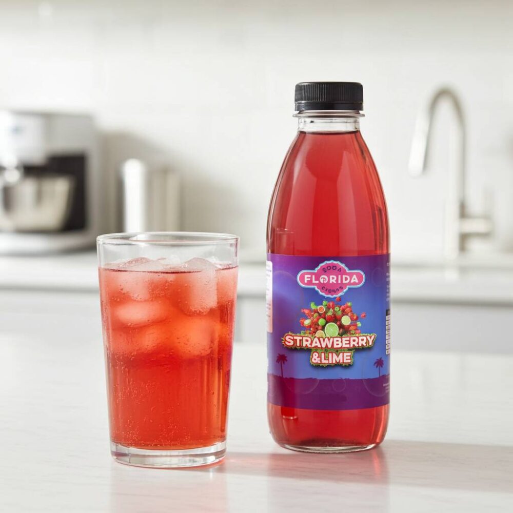 Strawberry and Lime soda syrup bottle with a glass of iced strawberry and lime drink, compatible with SodaStream machines