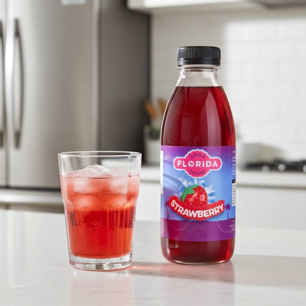 Strawberry soda syrup bottle with a glass of iced strawberry drink, compatible with SodaStream machines
