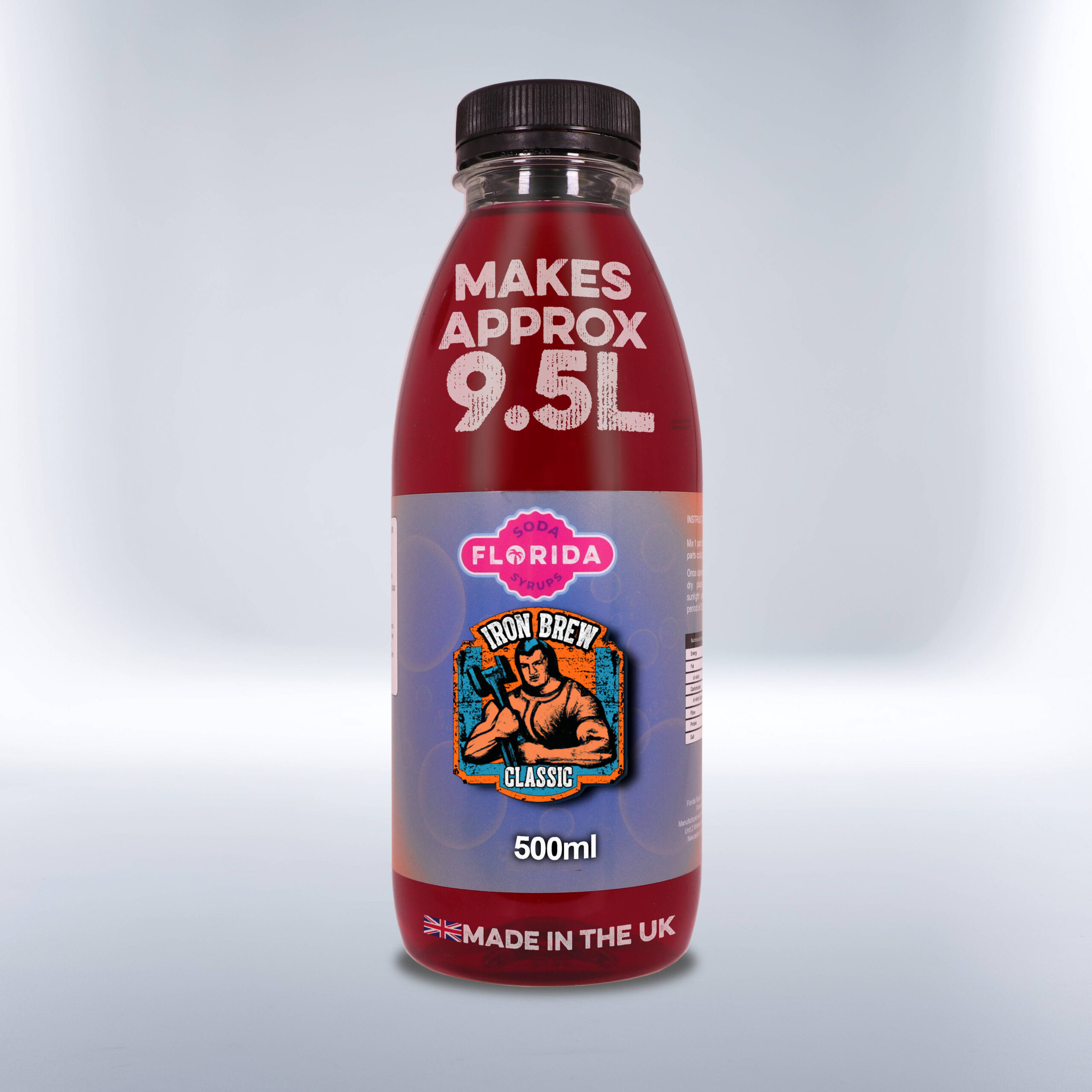 Bottle of 500ml Iron Brew Soda Stream Drink on a white background