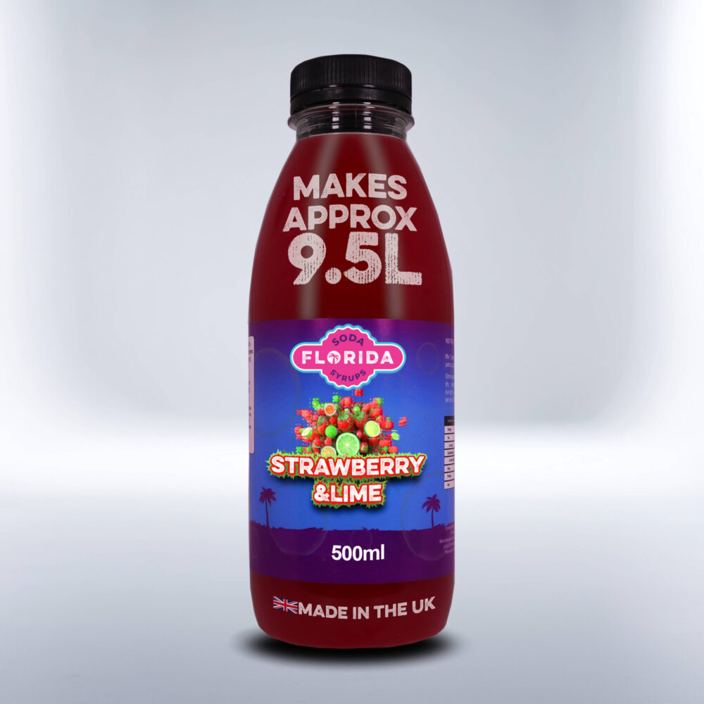 Bottle of 500ml Strawberry & Lime Soda Stream Drink on a white background