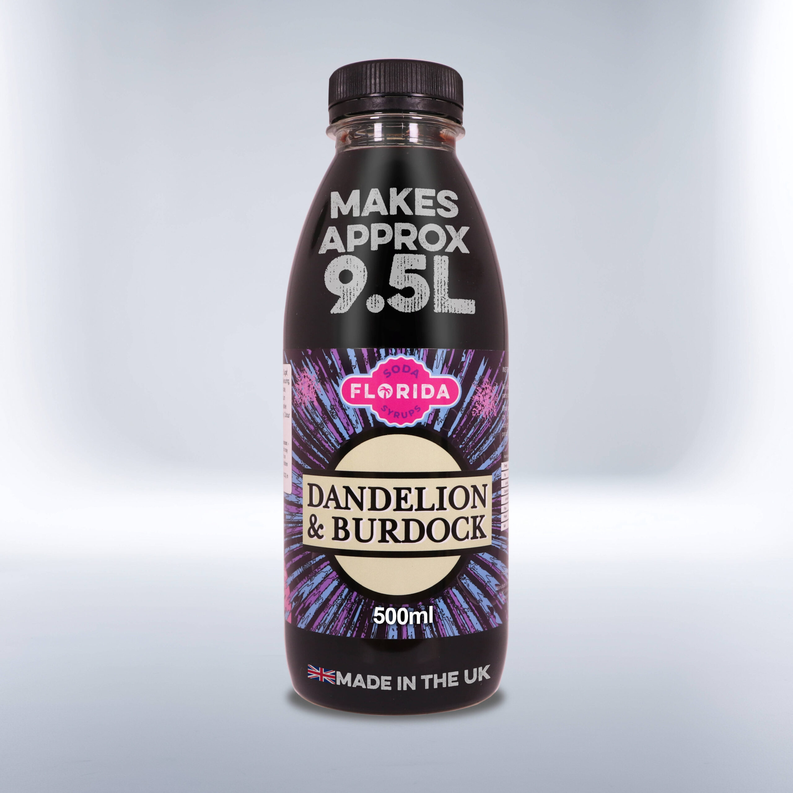 Bottle of 500ml Dandelion & Burdock Soda Stream Drink on a white background