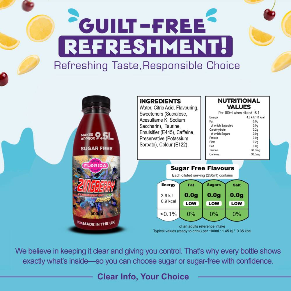 Bottle of 500ml Sugar Free Red Soda Stream Energy Drink with Ingredients and Nutritional info